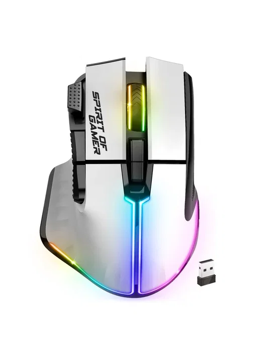 Spirit of Gamer Pro M5 Artic Wireless Ratón de Juego para Mano Derecha, Inalámbrico RF + Bluetooth + USB-C, 8000 DPI, Recargable, Blanco