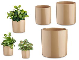 Ibergarden Set 3 Macetas Cerámica Cilindro Beige 14 cm, 17 cm, 22 cm