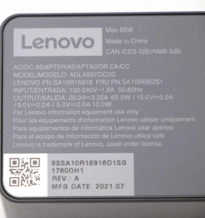 Lenovo Adaptador de Corriente 65W para Portátiles Lenovo, Doble Puerto, Soporta 20V/15V/9V/5V