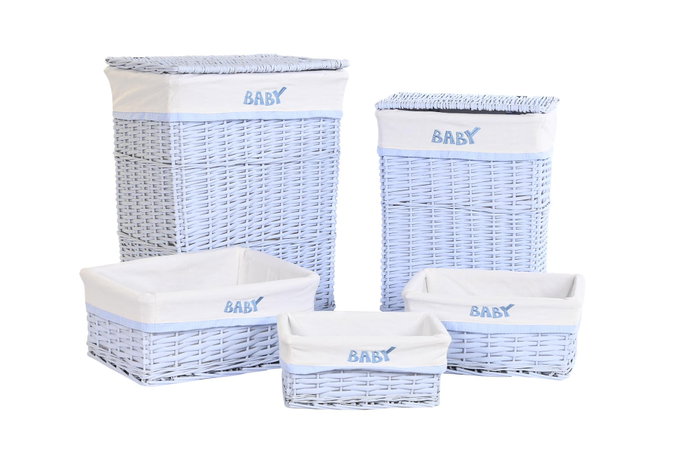 DKD Home Decor Set de 5 Cestas para la Ropa de Mimbre y Poliéster Azul Celeste