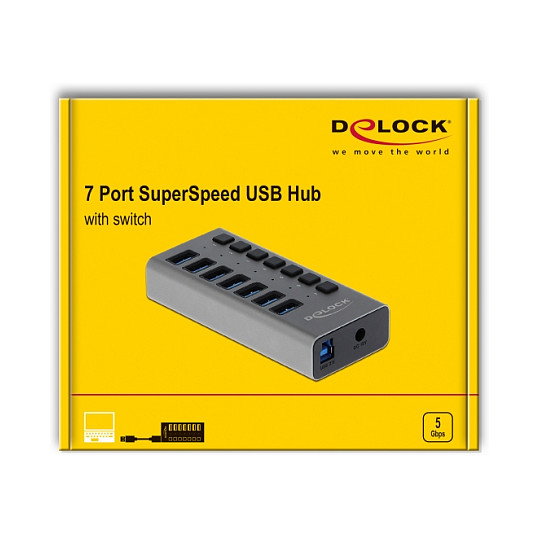 DELOCK Concentrador USB Externo SuperSpeed con 7 Puertos y Interruptor, USB 3.2 Gen 1, Gris DELOCK Concentrador USB Externo SuperSpeed con 7 Puertos y Interruptor, USB 3.2 Gen 1, Gris