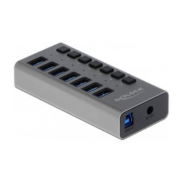 DELOCK Concentrador USB Externo SuperSpeed con 7 Puertos y Interruptor, USB 3.2 Gen 1, Gris