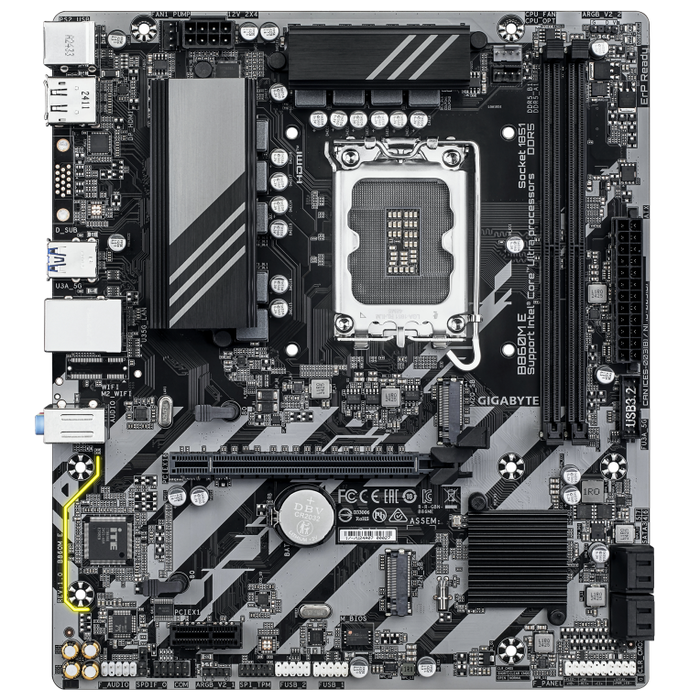 GIGABYTE Placa Base B860M E, Intel LGA 1851, para Intel Core Ultra, Chipset Intel B860, Micro ATX, DDR5 8800MHz (OC), 2x M.2 PCIe 4.0, GbE LAN