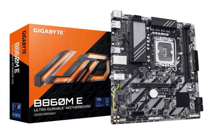 GIGABYTE Placa Base B860M E, Intel LGA 1851, para Intel Core Ultra, Chipset Intel B860, Micro ATX, DDR5 8800MHz (OC), 2x M.2 PCIe 4.0, GbE LAN