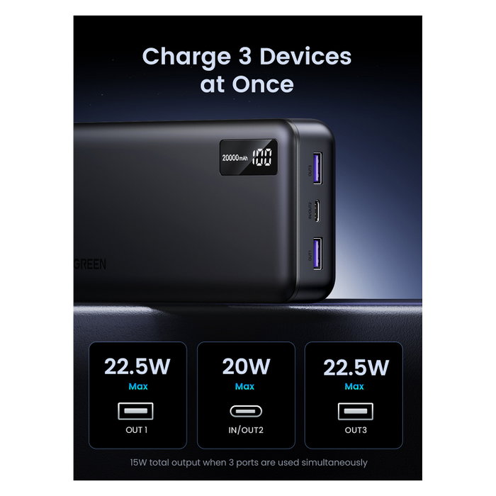 Ugreen Power Bank 20000mAh Ugreen 25683, Carga Rápida PD 22.5W, Tres Puertos (2x USB-A + USB-C), Negro, LED Ugreen Power Bank 20000mAh Ugreen 25683, Carga Rápida PD 22.5W, Tres Puertos (2x USB-A + USB-C), Negro, LED