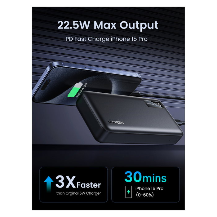 Ugreen Power Bank 20000mAh Ugreen 25683, Carga Rápida PD 22.5W, Tres Puertos (2x USB-A + USB-C), Negro, LED Ugreen Power Bank 20000mAh Ugreen 25683, Carga Rápida PD 22.5W, Tres Puertos (2x USB-A + USB-C), Negro, LED