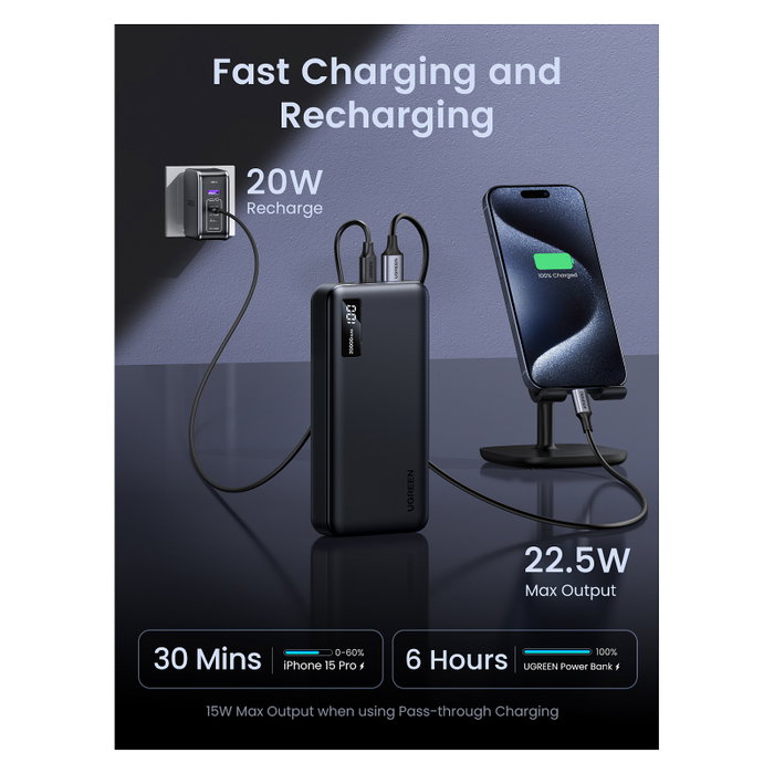 Ugreen Power Bank 20000mAh Ugreen 25683, Carga Rápida PD 22.5W, Tres Puertos (2x USB-A + USB-C), Negro, LED Ugreen Power Bank 20000mAh Ugreen 25683, Carga Rápida PD 22.5W, Tres Puertos (2x USB-A + USB-C), Negro, LED