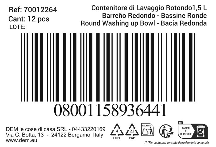 Inde Barreño o Bol Redondo de Cocina 1,5 Litros Capacidad 19,4 cm de Diámetro Lior (12 Unidades)