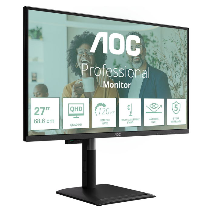 AOC Q27P4CV Monitor QHD de 27 Pulgadas (68,6cm) - 2560x1440 IPS 120Hz HDR, 4ms, Altavoces, USB-C 96W, DP 1.4, HDMI 2.1, KVM, Altura Ajustable, VESA, Negro