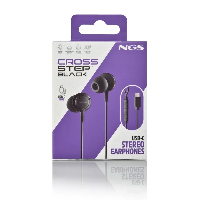NGS Cross Step Auriculares Intrauditivos Alámbricos con Micrófono, Control Multifunción USB Tipo-C para Llamadas y Música, Negro
