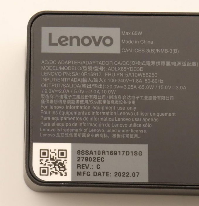 Lenovo Adaptador de Corriente AC 65W, 20V/15V/9V/5V, Uso Mundial