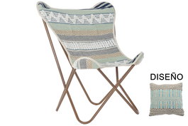 DKD Home Decor Onari Sillon Estilo Boho en Algodon y Hierro, Azul y Blanco, 74x65x90 cm