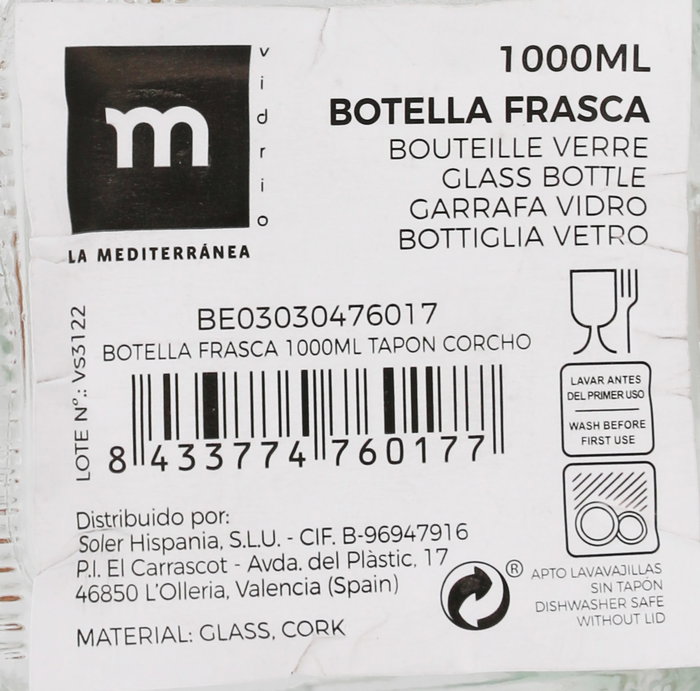 La Mediterranea Botella Frasca 1000 ml con tapón de corcho (12 Unidades)