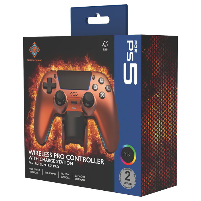 Deltaco Gaming GAM-199-ORANGECOPPER Mando Inalambrico PS5, PC, Android, iOS, con Puerto USB-C, Cable Desmontable, Bateria 1000 mAh, Color Naranja y Bronce