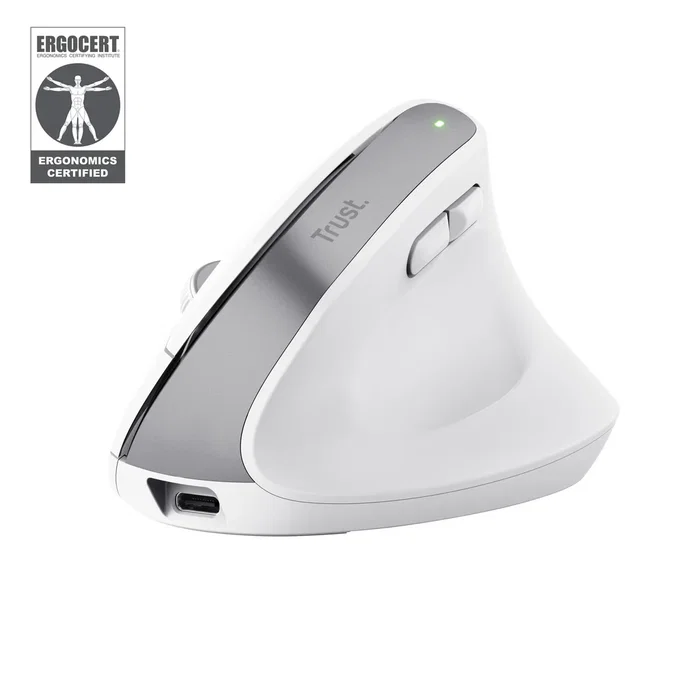 Trust Bayo+ Ratón Ergonómico Inalámbrico Bluetooth/2.4 GHz para Oficina, 6 Botones 2400 DPI Ajustable, Batería Recargable, Diseño Vertical Mano Derecha, Blanco
