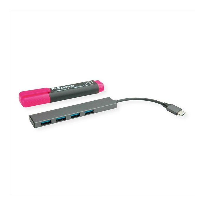 ROLINE Hub USB 3.2 Gen 1 14.02.5052, 4 puertos Type-A, conexión Type-C, Gris ROLINE Hub USB 3.2 Gen 1 14.02.5052, 4 puertos Type-A, conexión Type-C, Gris