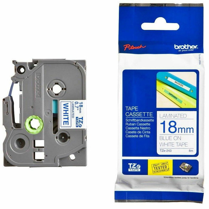Brother TZe-243 Cinta Laminada 18mm Azul sobre Blanco Brother TZe-243 Cinta Laminada 18mm Azul sobre Blanco