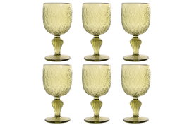 DKD Home Decor Set de 6 Copas de Cristal Verde con Relieve de Hoja de 340ml