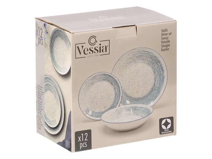 Vessia Vajilla de Cerámica (Porcelana) 12 Piezas, Acabado Patinado en Azul y Blanco, Dimensiones 27x15x27 cm (Set de 2)