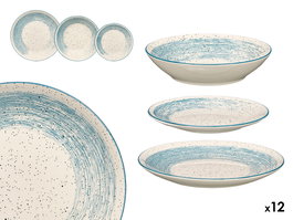 Vessia Vajilla de Cerámica (Porcelana) 12 Piezas, Acabado Patinado en Azul y Blanco, Dimensiones 27x15x27 cm (Set de 2)