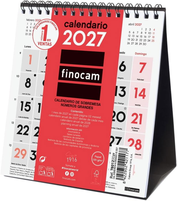 FINOCAM Calendario de Sobremesa 2027 Números Grandes XS Neutro