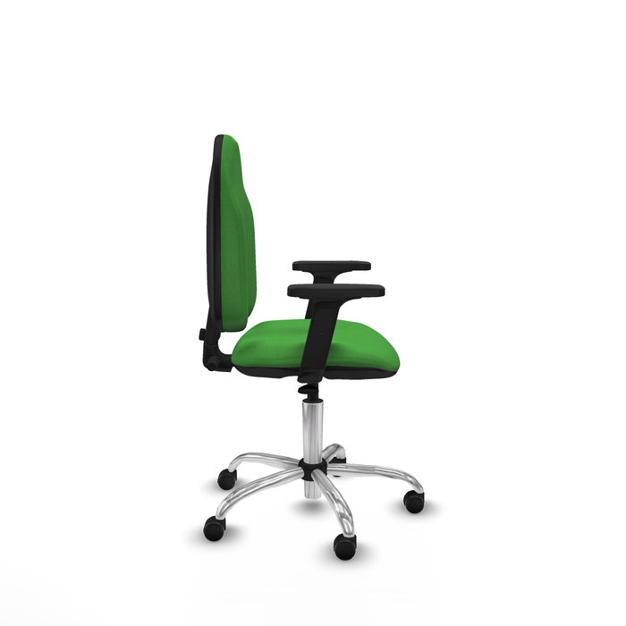 Silla de oficina Algarra con mecanismo Contacto permanente básico tapizada con Tela color Verde. Equipada con Base cromada, Brazos 2D y Ruedas de parqué