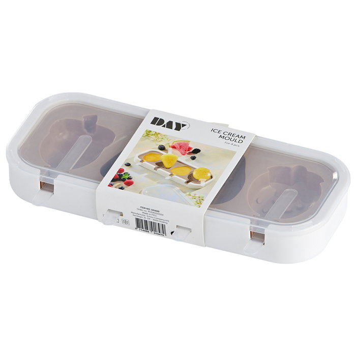 Day Molde para 4 Helados con Formas de Bellota, Sandía, Aguacate y Fresa, Plástico y Silicona, Colores Surtidos