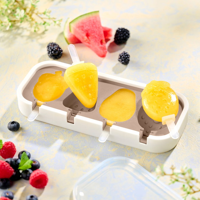 Day Molde para 4 Helados con Formas de Bellota, Sandía, Aguacate y Fresa, Plástico y Silicona, Colores Surtidos