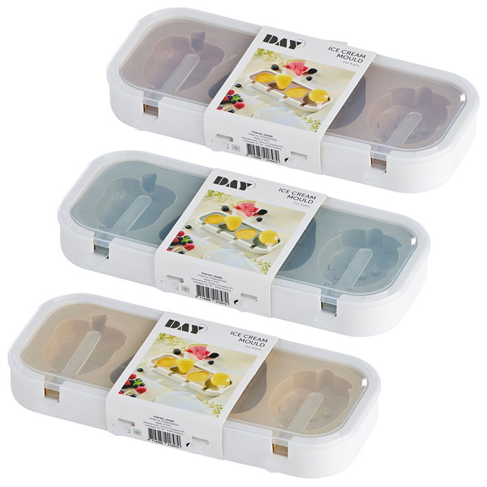 Day Molde para 4 Helados con Formas de Bellota, Sandía, Aguacate y Fresa, Plástico y Silicona, Colores Surtidos