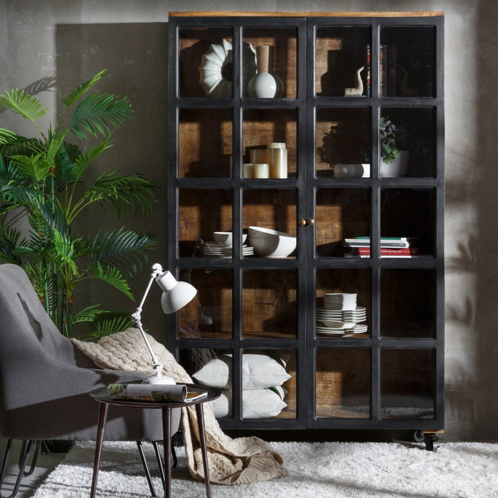 Vitrina Negro-Natural Madera de Mango 115 X 40 X 194 cm Vitrina Negro-Natural Madera de Mango 115 X 40 X 194 cm