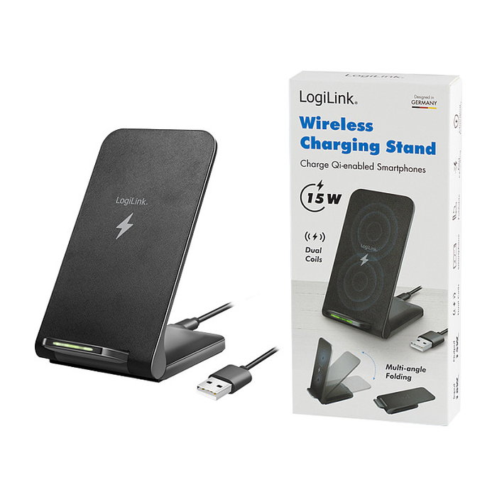 LogiLink Wireless Quick Charging Stand 15 W, bobina doble, negro