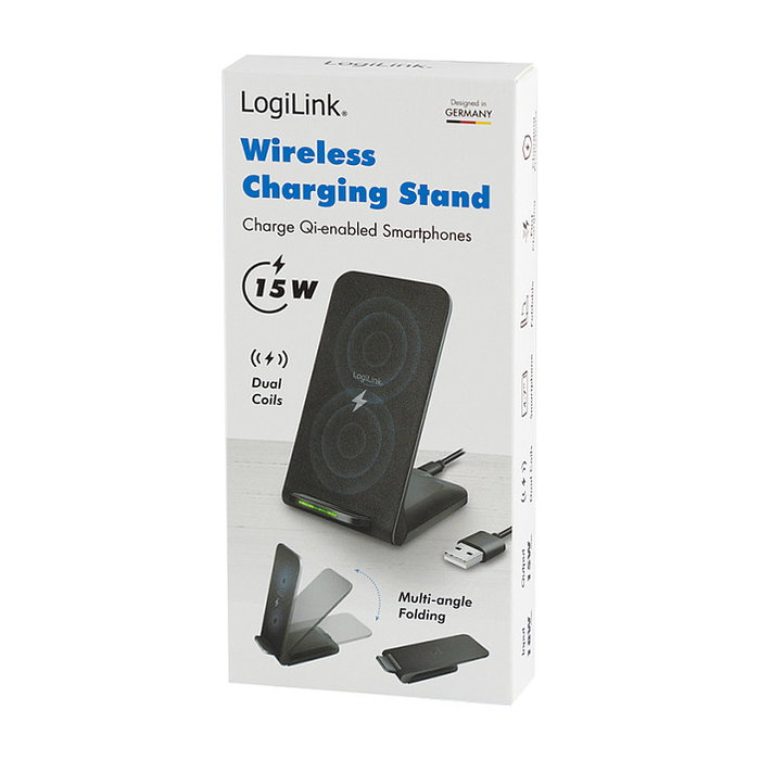 LogiLink Wireless Quick Charging Stand 15 W, bobina doble, negro