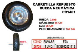 SIFER Rueda Neumática para Carretilla de Obra 35 cm con Llanta de Metal y Eje de 25 cm