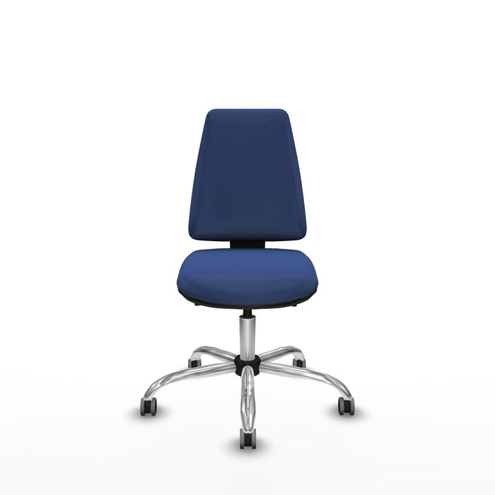 Silla de oficina Elche con mecanismo Asincro tapizada con Tela color Azul marino. Equipada con Base cromada, Sin brazos y Ruedas 65 mm parqué