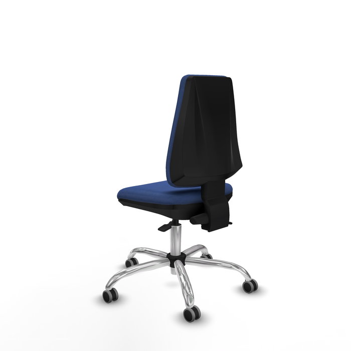 Silla de oficina Elche con mecanismo Asincro tapizada con Tela color Azul marino. Equipada con Base cromada, Sin brazos y Ruedas 65 mm parqué