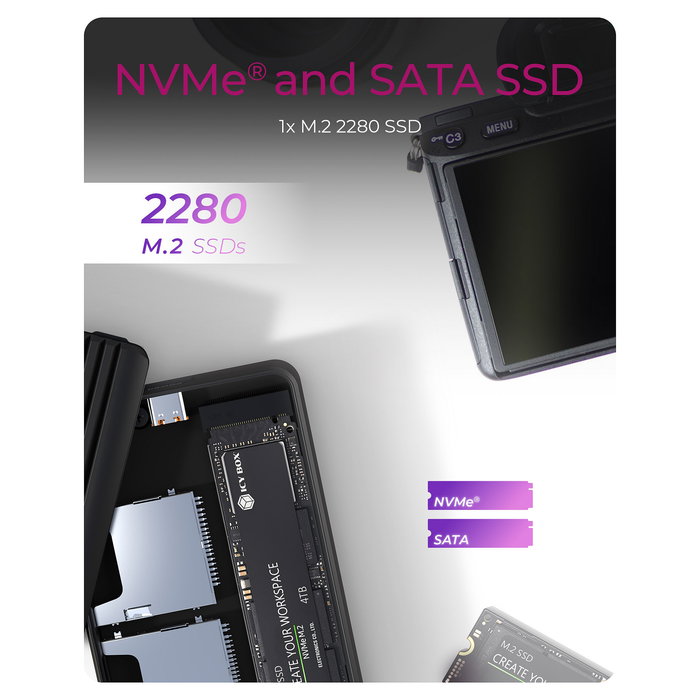 ICY BOX IB-CR602M-C31 Caja Externa SSD M.2 NVMe/SATA con Lector de Tarjetas SD 4.0, USB 3.2 Gen 2 Tipo-C+A 10 Gbit/s, Aluminio Negro
