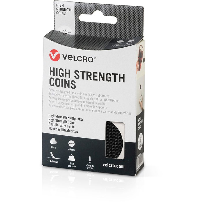Velcro® Monedas Adhesivas Cierre Ultrafuerte Negras Ø45 mm, 6 Pares