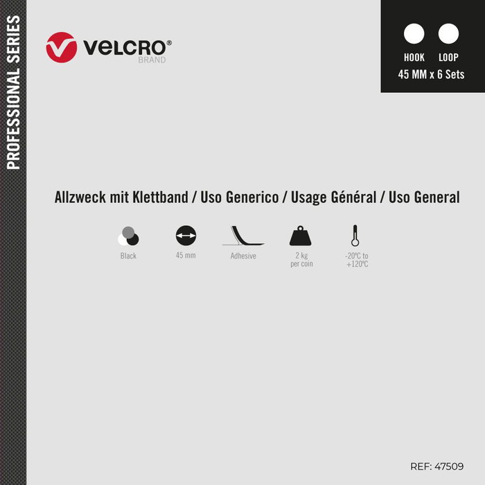Velcro® Monedas Adhesivas Cierre Ultrafuerte Negras Ø45 mm, 6 Pares