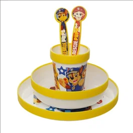Thermobaby Set de Comida 5 Piezas Paw Patrol - Plato, Tazón, Taza, Cuchara y Tenedor - Amarillo
