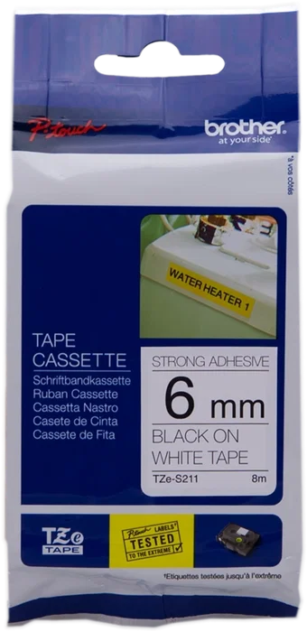 Brother TZeS-211 Cinta Laminada Super Adhesiva Blanco/Negro 6mm x 8m