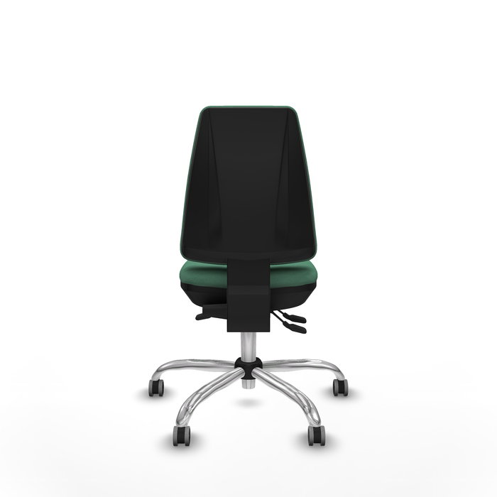Silla de oficina Elche con mecanismo Asincro tapizada con Tela color Verde esmeralda. Equipada con Base cromada, Sin brazos y Ruedas 65 mm parqué