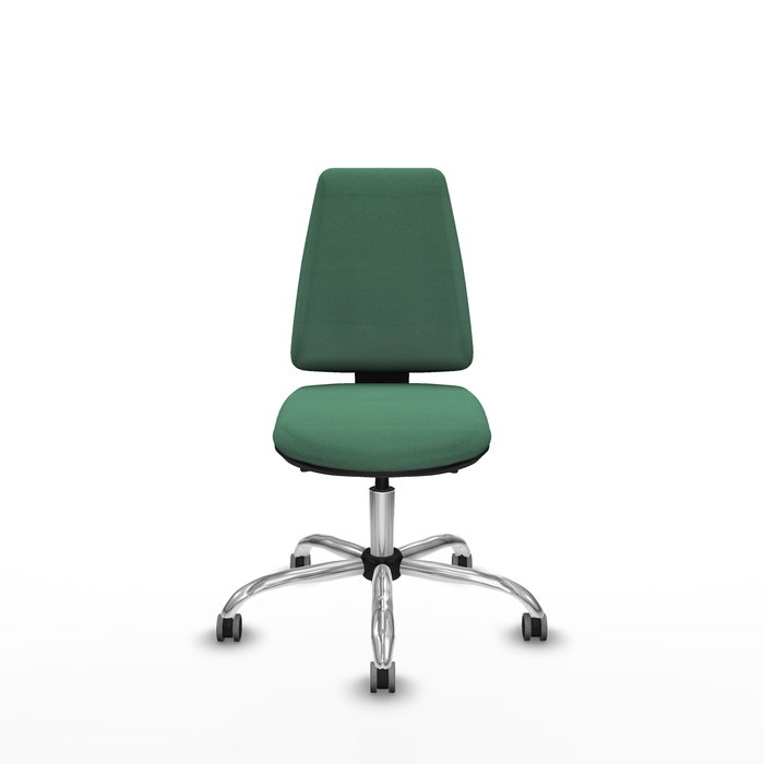 Silla de oficina Elche con mecanismo Asincro tapizada con Tela color Verde esmeralda. Equipada con Base cromada, Sin brazos y Ruedas 65 mm parqué