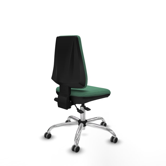 Silla de oficina Elche con mecanismo Asincro tapizada con Tela color Verde esmeralda. Equipada con Base cromada, Sin brazos y Ruedas 65 mm parqué