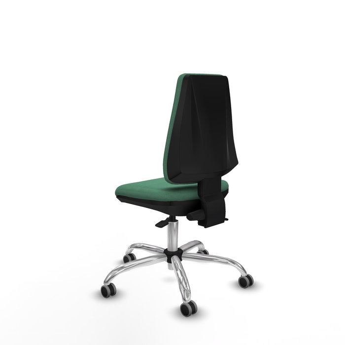 Silla de oficina Elche con mecanismo Asincro tapizada con Tela color Verde esmeralda. Equipada con Base cromada, Sin brazos y Ruedas 65 mm parqué