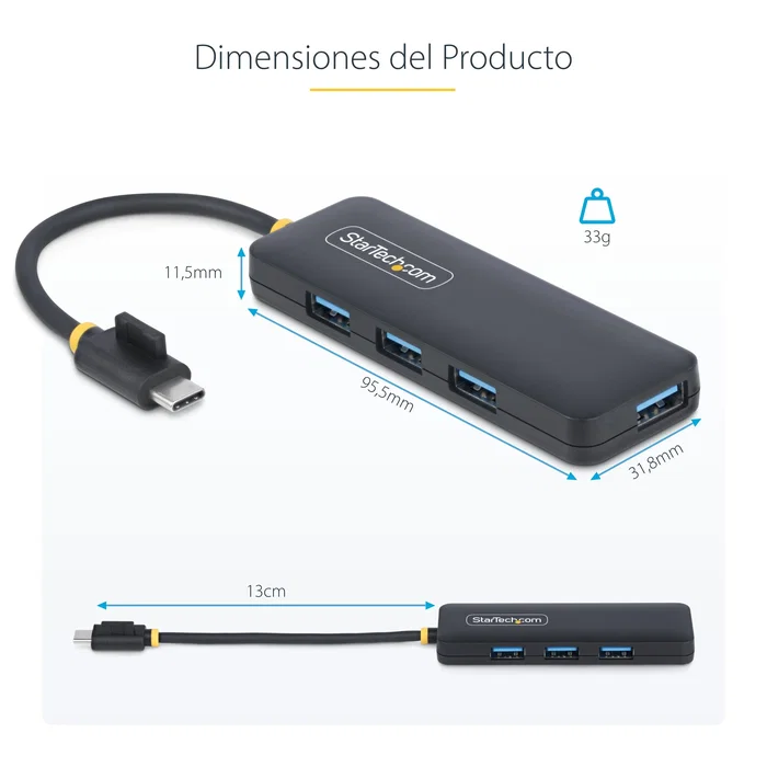 StarTech.com Hub USB-C 4 Puertos USB 3.0 (5 Gbps) Compacto y Portátil, Alimentado por Bus, Plug & Play, Color Negro, Modelo H5C4A-USB-HUB