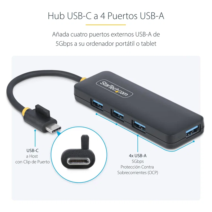StarTech.com Hub USB-C 4 Puertos USB 3.0 (5 Gbps) Compacto y Portátil, Alimentado por Bus, Plug & Play, Color Negro, Modelo H5C4A-USB-HUB