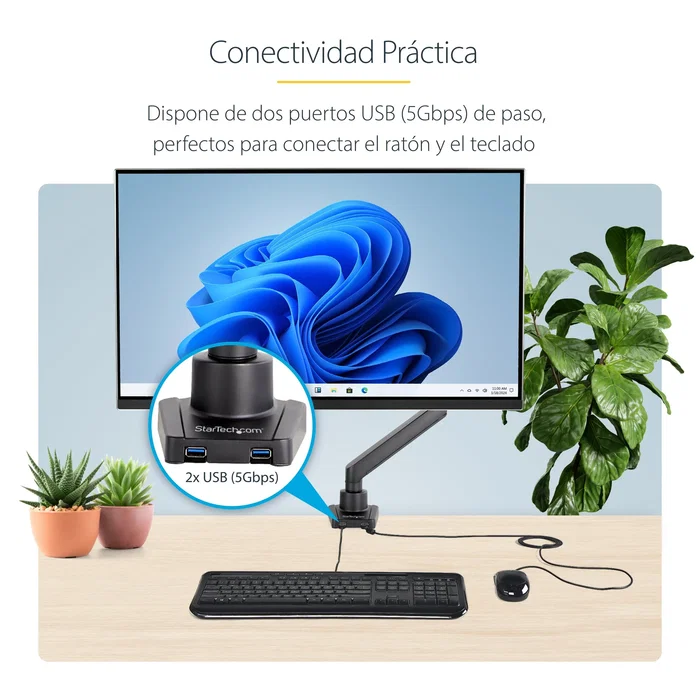 StarTech.com Soporte para Monitor Brazo Ajustable ARMSLIM2USB3 - VESA 75/100, hasta 34", 8 kg, Movimiento Completo, 2 Puertos USB 3.0, Negro, Montaje en Escritorio