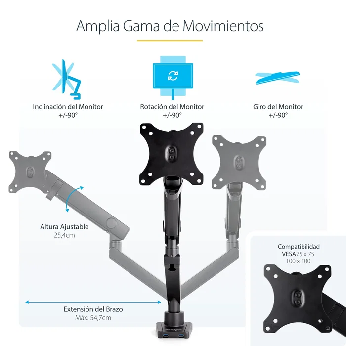 StarTech.com Soporte para Monitor Brazo Ajustable ARMSLIM2USB3 - VESA 75/100, hasta 34", 8 kg, Movimiento Completo, 2 Puertos USB 3.0, Negro, Montaje en Escritorio
