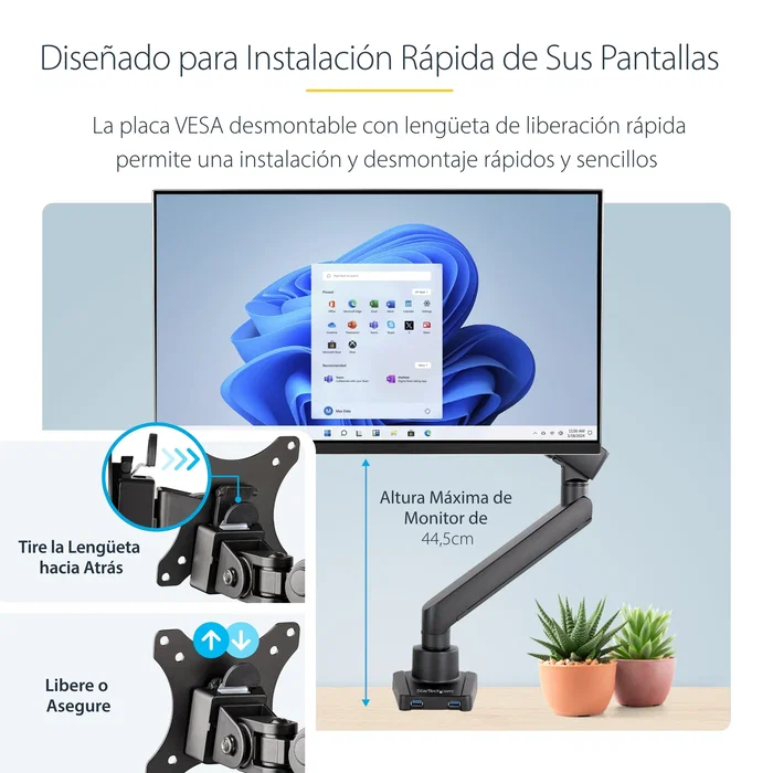 StarTech.com Soporte para Monitor Brazo Ajustable ARMSLIM2USB3 - VESA 75/100, hasta 34", 8 kg, Movimiento Completo, 2 Puertos USB 3.0, Negro, Montaje en Escritorio