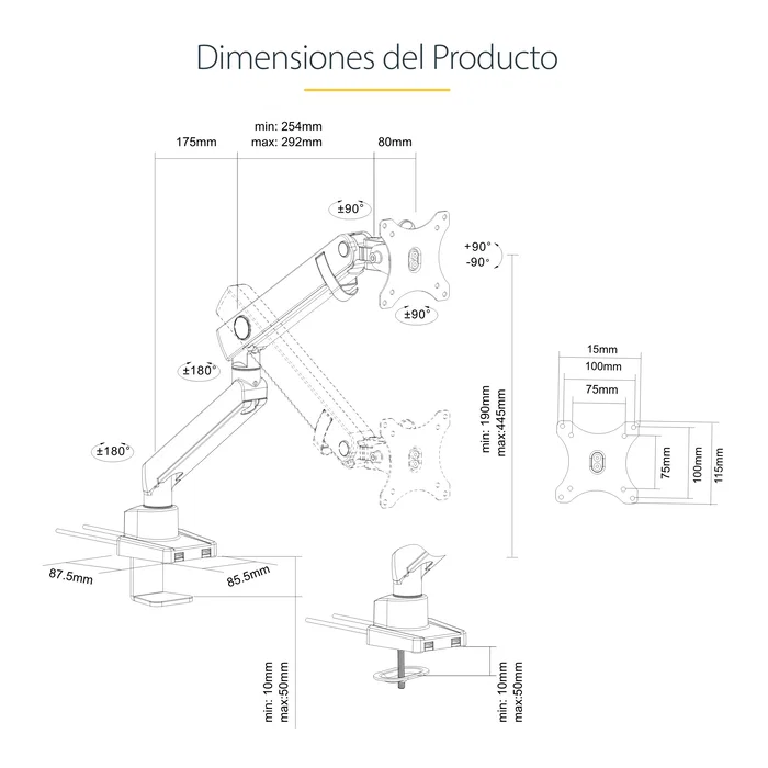 StarTech.com Soporte para Monitor Brazo Ajustable ARMSLIM2USB3 - VESA 75/100, hasta 34", 8 kg, Movimiento Completo, 2 Puertos USB 3.0, Negro, Montaje en Escritorio